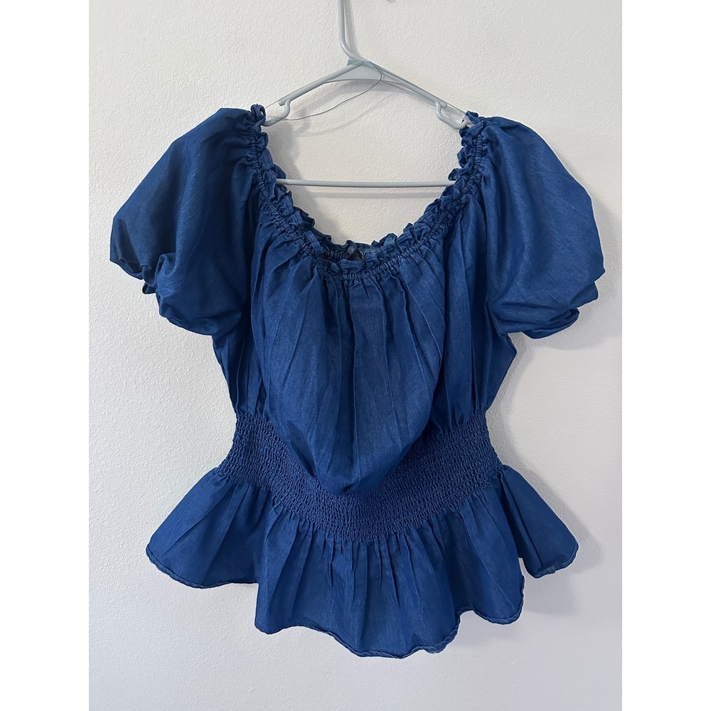 Ashley Stewart Blouse 14/16 Blue Excellent Smocked Waist Puff Sleeve Peplum Top